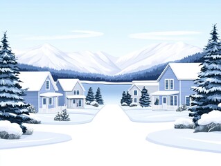 Naklejka premium Snowy Village by a Lake