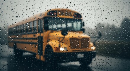 Rain-Streaked Window View of a Yellow School Bus on a Gloomy Day