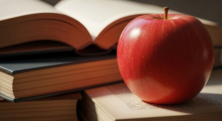 Red apple resting on open books, warm light, education concept