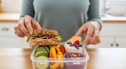 Preparing a Healthy Lunchbox with Sandwich, Yogurt, Vegetables, and Nuts