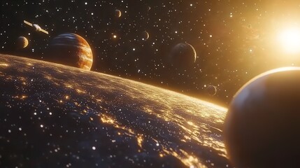 Pixelated outer space scene with planets stars and spaceship