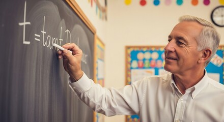 Smiling Teacher Writes Equation on Blackboard in Classroom Setting