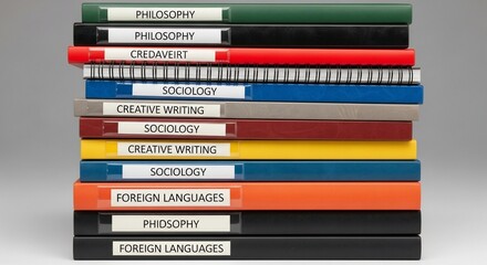 Stack of colorful academic binders with labels: Philosophy, Sociology, Creative Writing, and Foreign Languages
