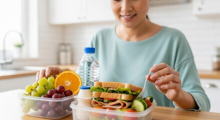 Smiling woman enjoys a healthy lunch of sandwich, fruit, yogurt, and water