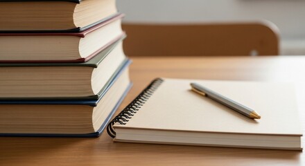 Stacked books with notebook and pen on wooden desk, study session