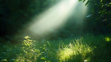 Fototapeta premium Magical Sunbeams through Green Forest Grass