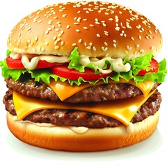 Delicious double cheeseburger with fresh ingredients on a white background