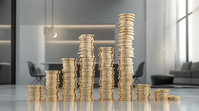 Stacked Gold Coins Creating 3D Bar Chart in Modern Interior Space