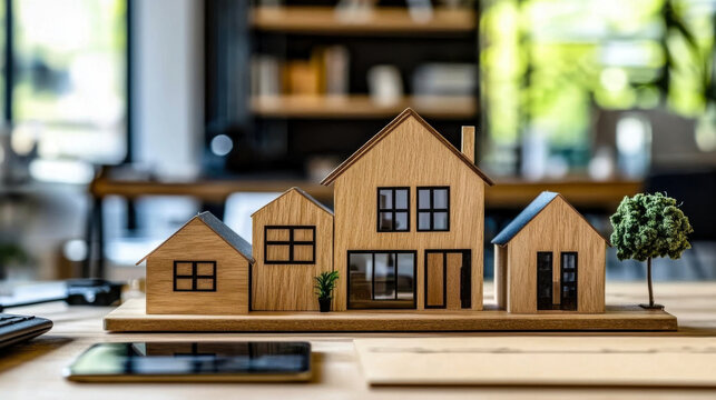 Real estate agency concept. Miniature house models, on desk
