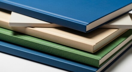 Stacked hardcover books in blue, green and beige tones, close-up view