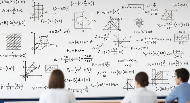 Students Before a Whiteboard Covered with Complex Mathematical Equations and Diagrams