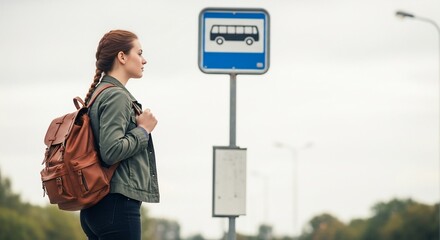 Waiting at the Bus Stop: A Young Woman with Braids and a Leather Backpack