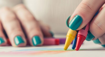Turquoise nails holding crayons drawing colorful lines on white paper