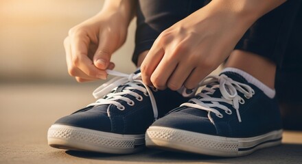 Tying shoelaces on navy sneakers with white laces, preparing for a walk