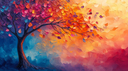 Elegant colorful tree with vibrant leaves hanging branches  background