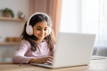 Smiling Indian girl wearing headphones studying online at home using laptop in bright cozy room
