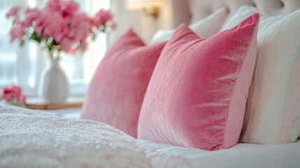 Close-up of the bedroom, decorated with pink cushions and flowers