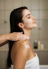 portrait of beauty model. Face scrub. Skin care, exfoliation concept