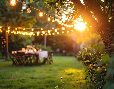 Magical sunset garden party scene with string lights, blurred background, and warm golden hour light. Perfect for event planning, summer vibes, or romantic occasions.