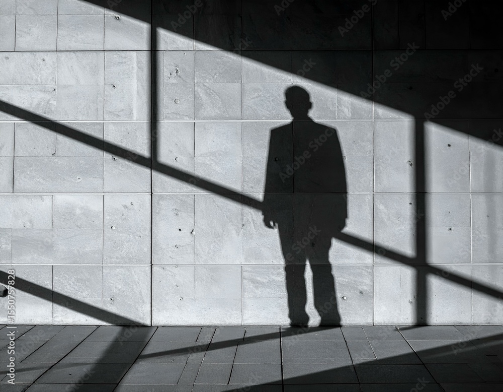 Aufkleber shadow of a man in a suit projected on a tiled wall, creating a stark, mysterious image.
