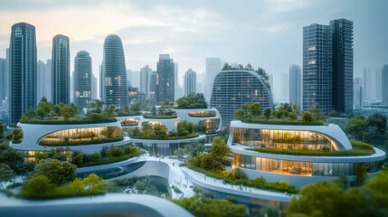Fototapeta premium Eco architecture. Green tree and glass office building