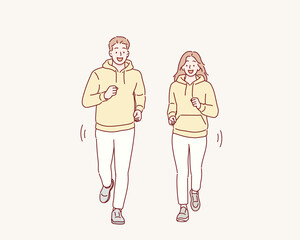 Man and Woman Running Together for Outdoor Exercise. Hand drawn style vector design illustrations.