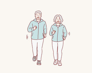 Senior Couple Jogging Together for Exercise Outdoors. Hand drawn style vector design illustrations.