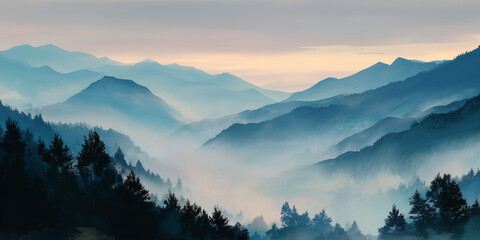 serene mountain landscape with fog, sunrise, realistic painting style, tranquil mood,
