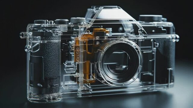 Transparent camera body revealing internal components and mechanical workings.