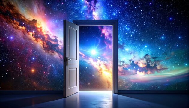 An open door reveals a dazzling, colorful cosmic landscape with stars, nebulas, and a bright light, symbolizing new beginnings, opportunities, and exploration.