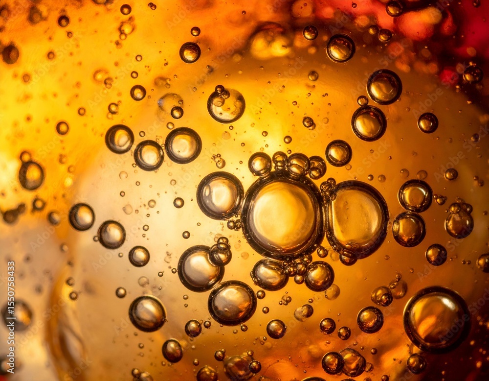 Poster macro close-up of vibrant golden and orange bubbles in a liquid, creating an abstract, dynamic textu