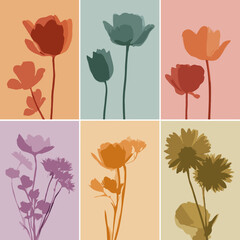 Floral vector silhouettes collage with various flowers in soft colors, artistic design, copy space