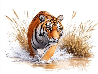 Obraz premium Tiger strides through shallow water