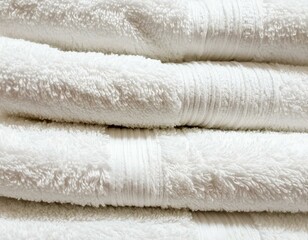 Stack of fresh white fluffy towels showing soft texture, ideal for spa, hotel, or home comfort.