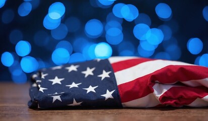 Close-Up American Flag with Festive Bokeh Lights. 4th of July Celebration