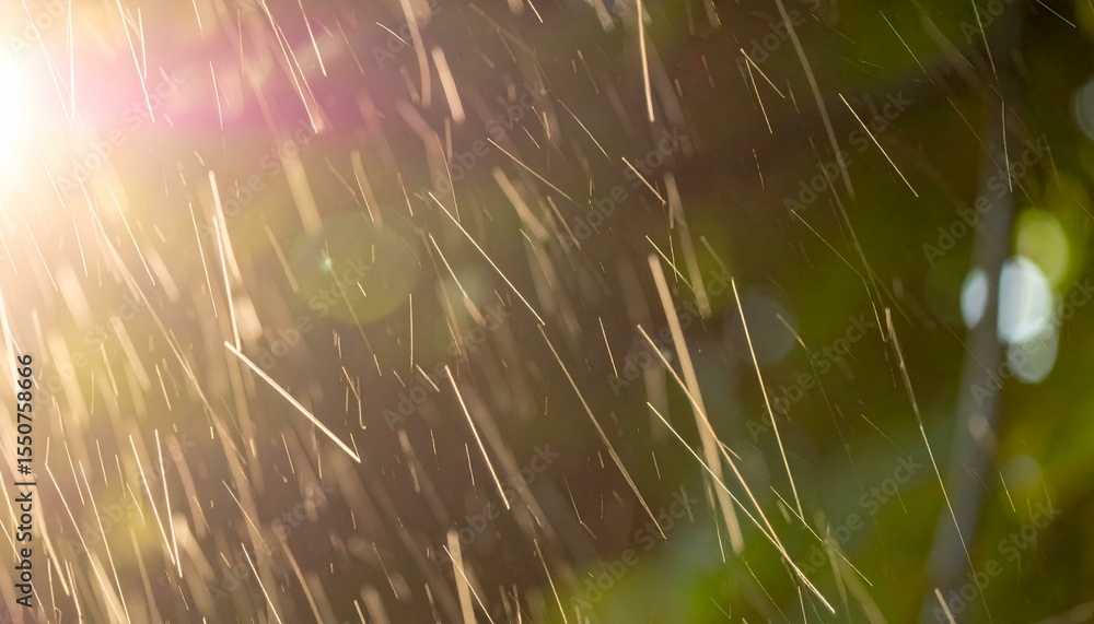 Poster sunlight illuminates countless falling raindrops, creating a beautiful bokeh and streaking effect wi