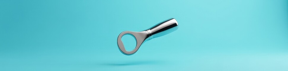 Floating chrome bottle opener, light blue background, illustration, object, simple