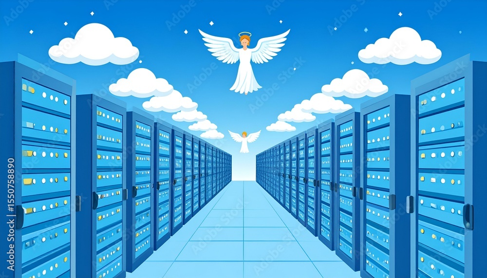 Poster heavenly cloud data center with rows of blue servers extending to a bright blue sky, adorned with wh