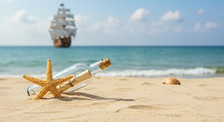 Message in a bottle on sandy beach with starfish and tall ship in ocean background