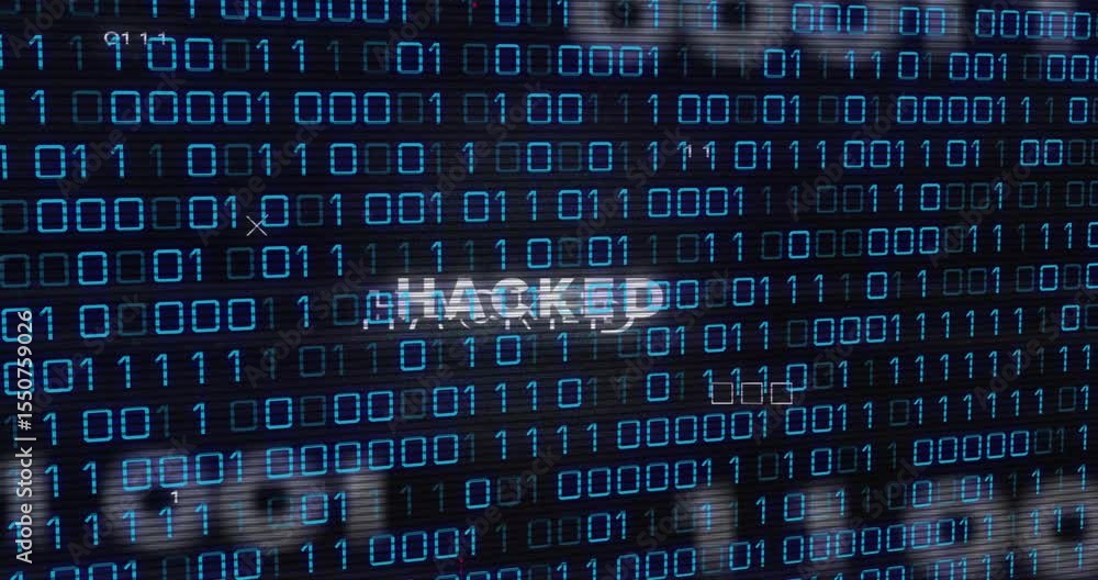 Poster scrolling binary grid sparking blurred hacked label sharpening, glowing red glitches showing breach