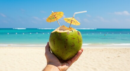 A person holds a fresh coconut cocktail on a beach against a background of the ocean and sky.