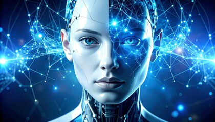 Futuristic AI robot face with glowing digital neural network connections, representing advanced technology.