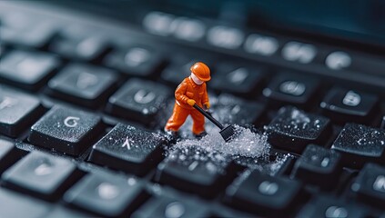 Tiny figure cleans keyboard keys