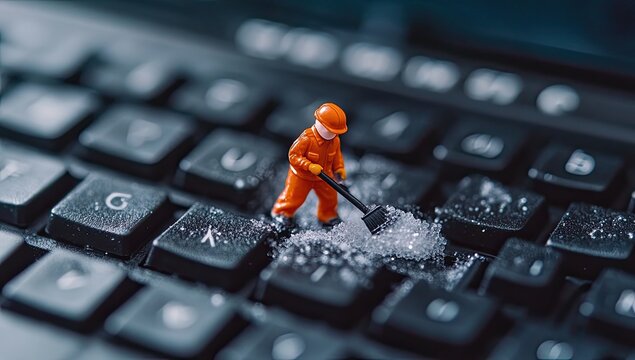 Tiny figure cleans keyboard keys - Powered by Adobe