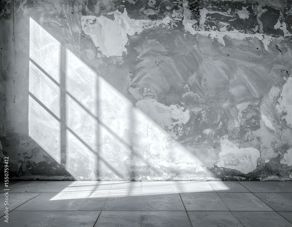 Poster a textured gray concrete wall with peeling plaster and tiled floor, illuminated by window light cast