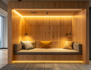 Cozy wooden seating nook with warm LED lighting and plush cushions in a modern interior.