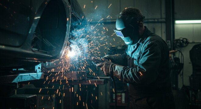 Automotive Welder at Work: Sparks fly as a mechanic welds a car panel in a repair shop.