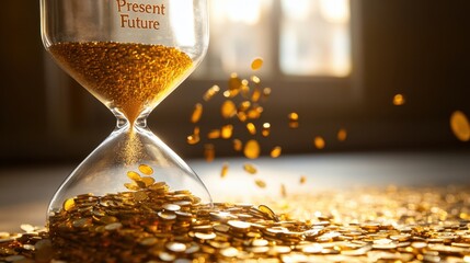 Tiny Hourglass with Falling Sand and Golden Coins in Focus
