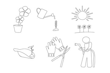 Gardening icons set in flat minimal style – flower pot, watering can, sun exposure, soil tools, gloves, and hose