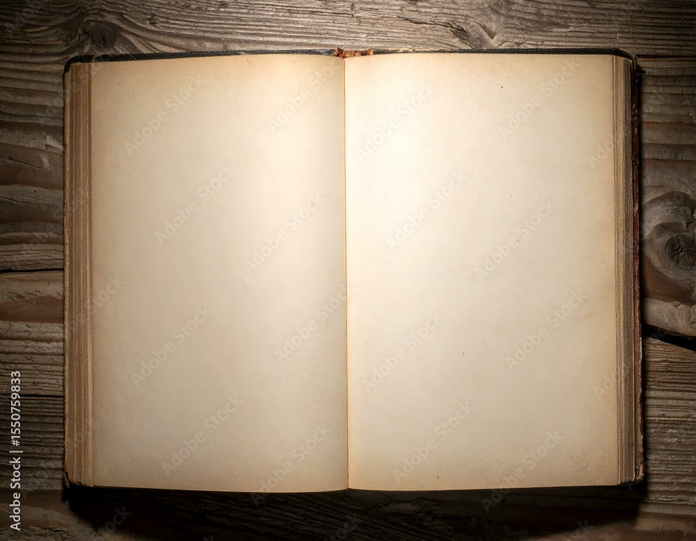 Poster open vintage book with blank pages resting on a rustic wooden table, offering a textured background 